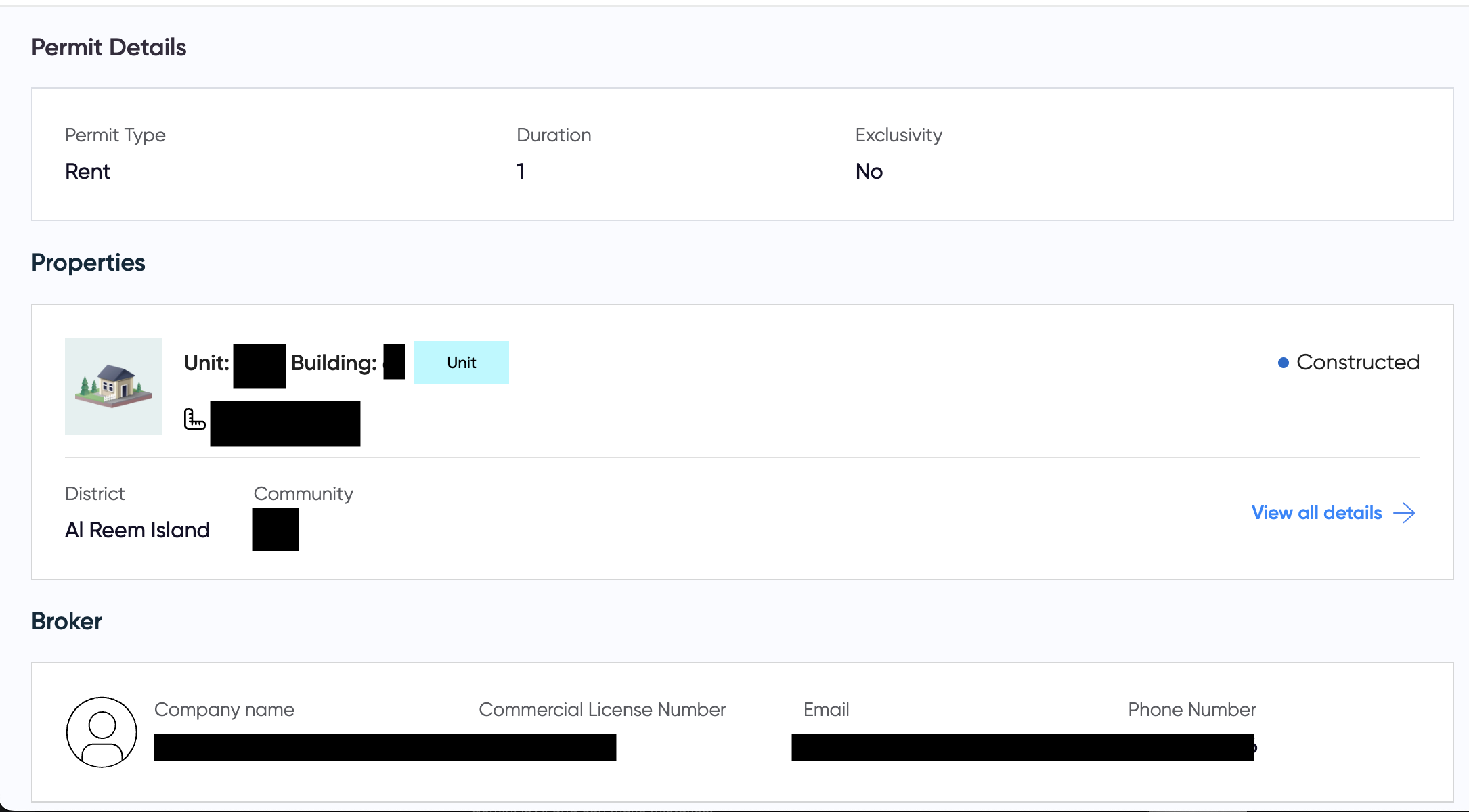 Permit details: Rent, Duration 1 month, Exclusivity No, Al Reem Island